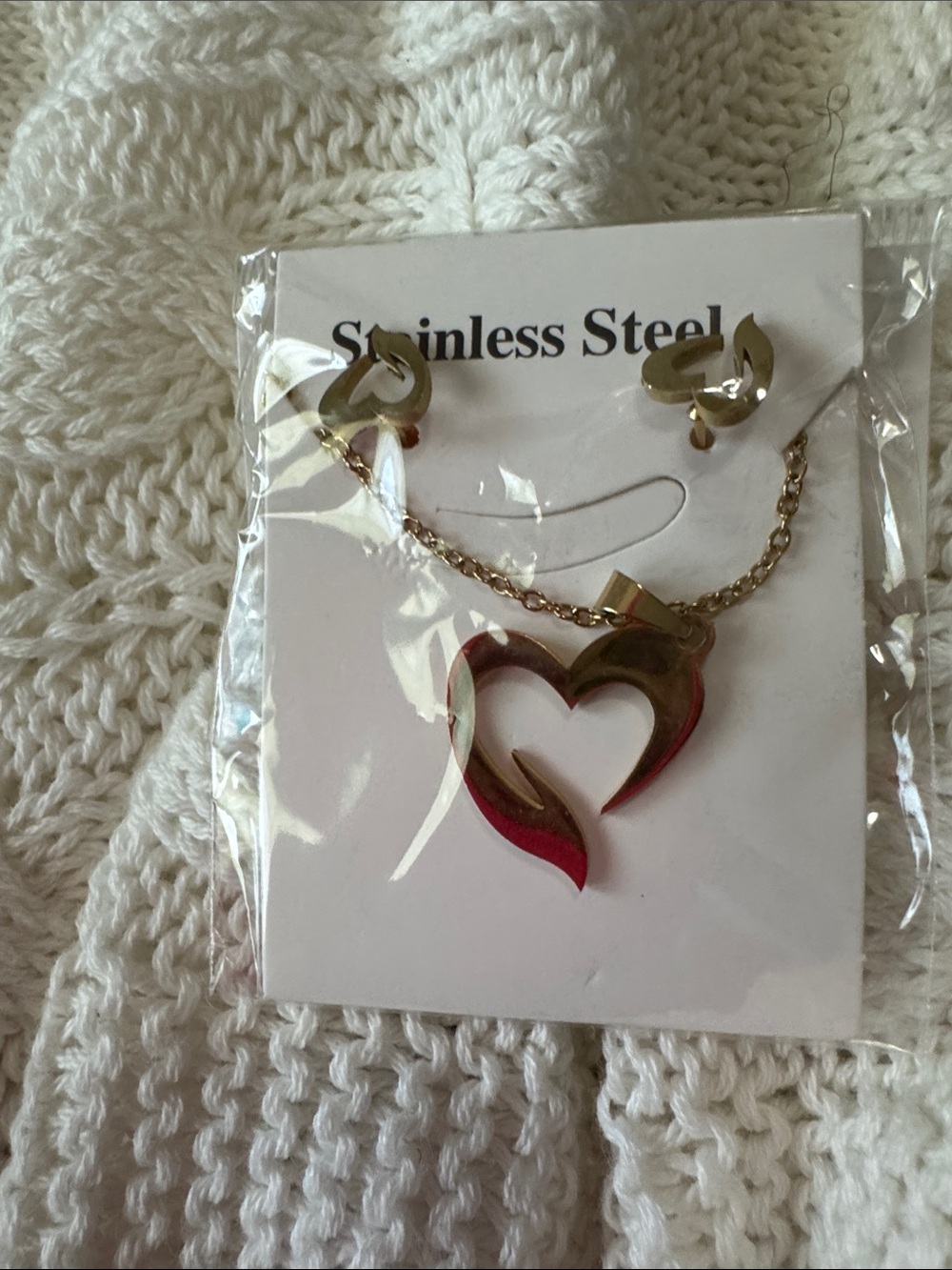 Stainless Heart Pendant Necklace and Earrings Set - Gold and Red